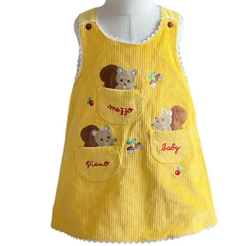 Пролетта и есента рокля-жилетка от вельветовой тъкан в клетката в ретро стил за малки момичета, детски хубава рокля трапецовидна форма с бродерия