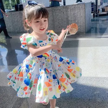 Рокля за момиче с цветни ръкави-мехурчета принцеса Рокля 21 годишната нова детски дрехи 3-8 години