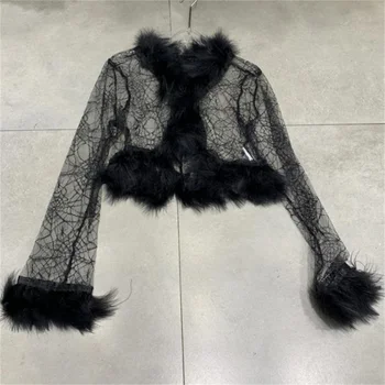 Секси мрежест изработена плетена вълнена жилетка, с дълъг ръкав, къси палта, дамски кожени якета за жени casaco feminino elegante